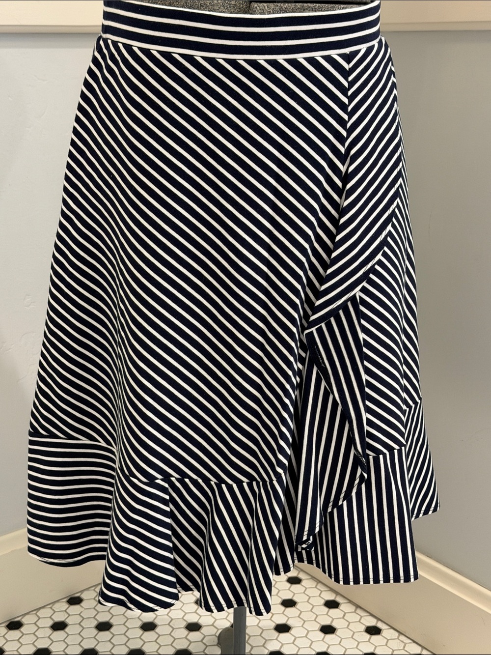 Talbots Navy and White Striped Ruffle Skater Skirt